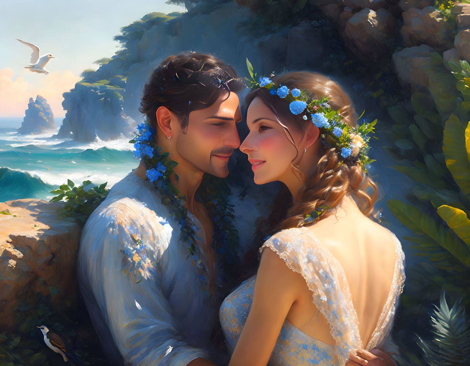 Romantic couple embracing in floral headpiece by seaside cliffs