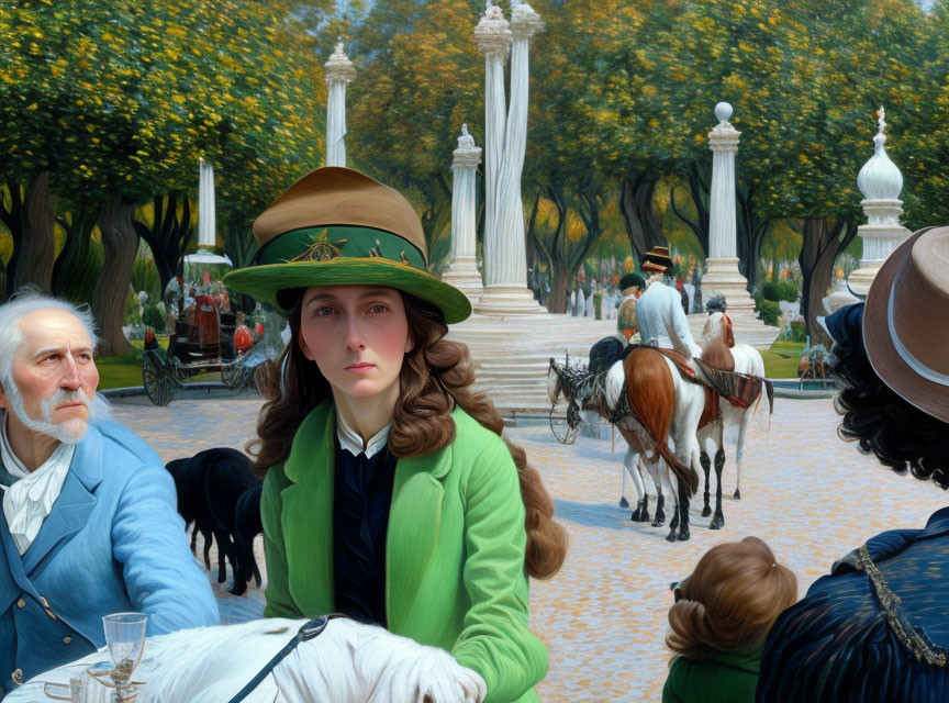 Woman in green jacket and hat sitting in park with blooming trees, white columns, carriages,