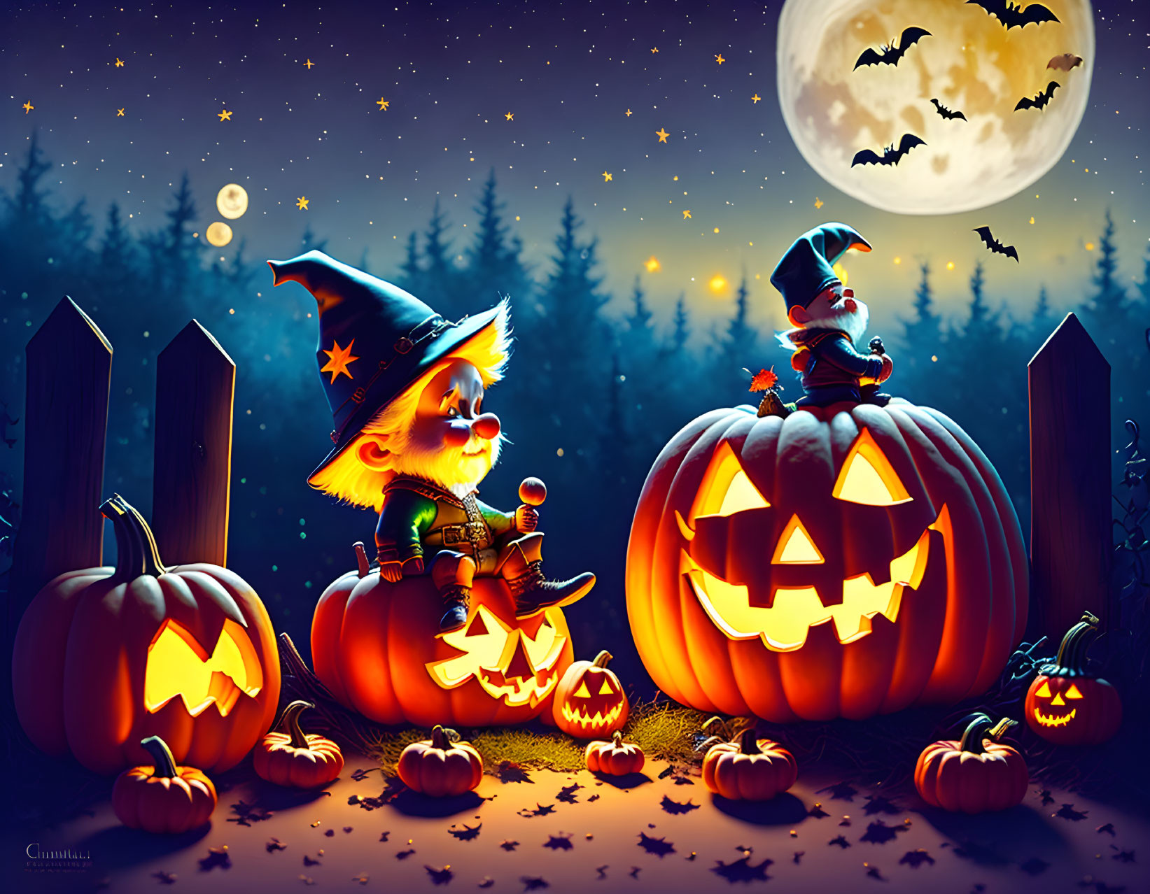 Whimsical gnome and cat in witch hats with jack-o'-lanterns under full moon