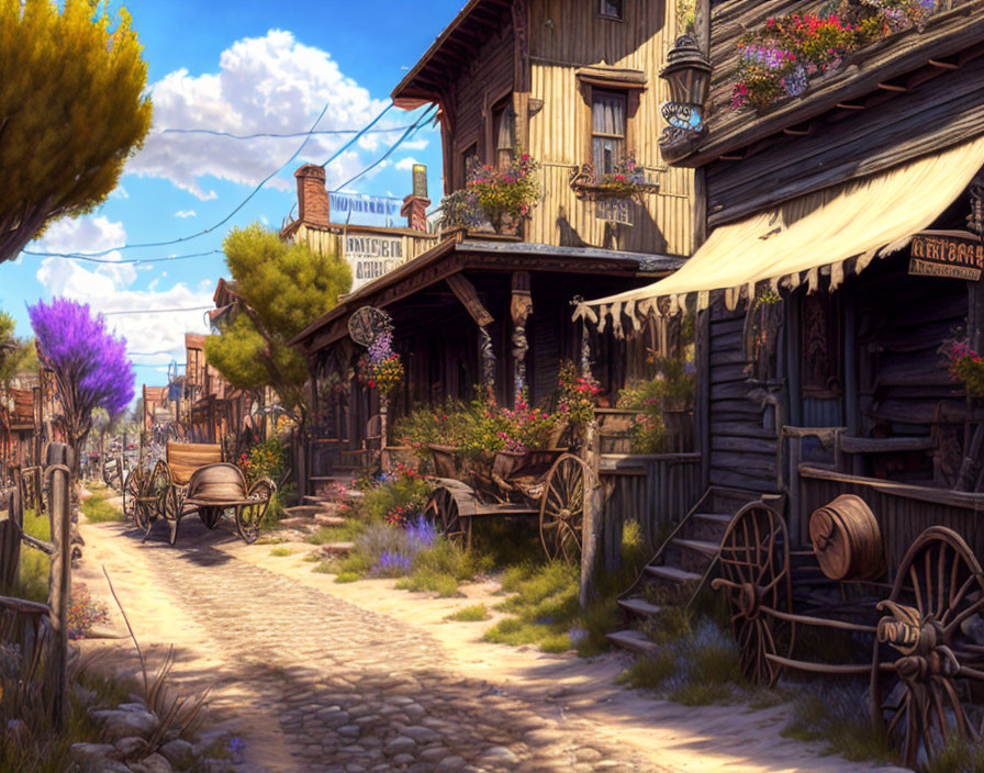 Picturesque Western-style village street with wooden buildings, colorful flowers, wagons, and cobblestone