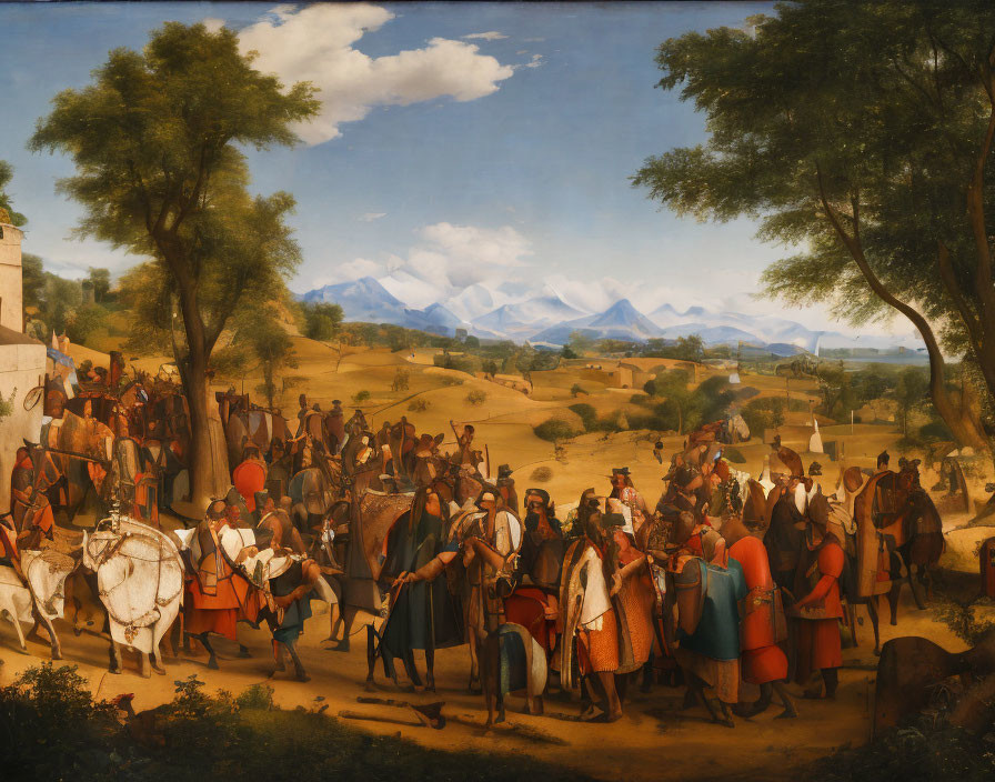 Historical painting with figures in period attire and mountains landscape