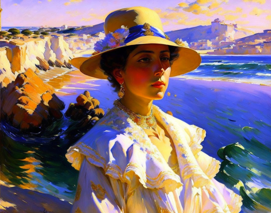 Woman in wide-brimmed hat and white dress by rocky coastline.