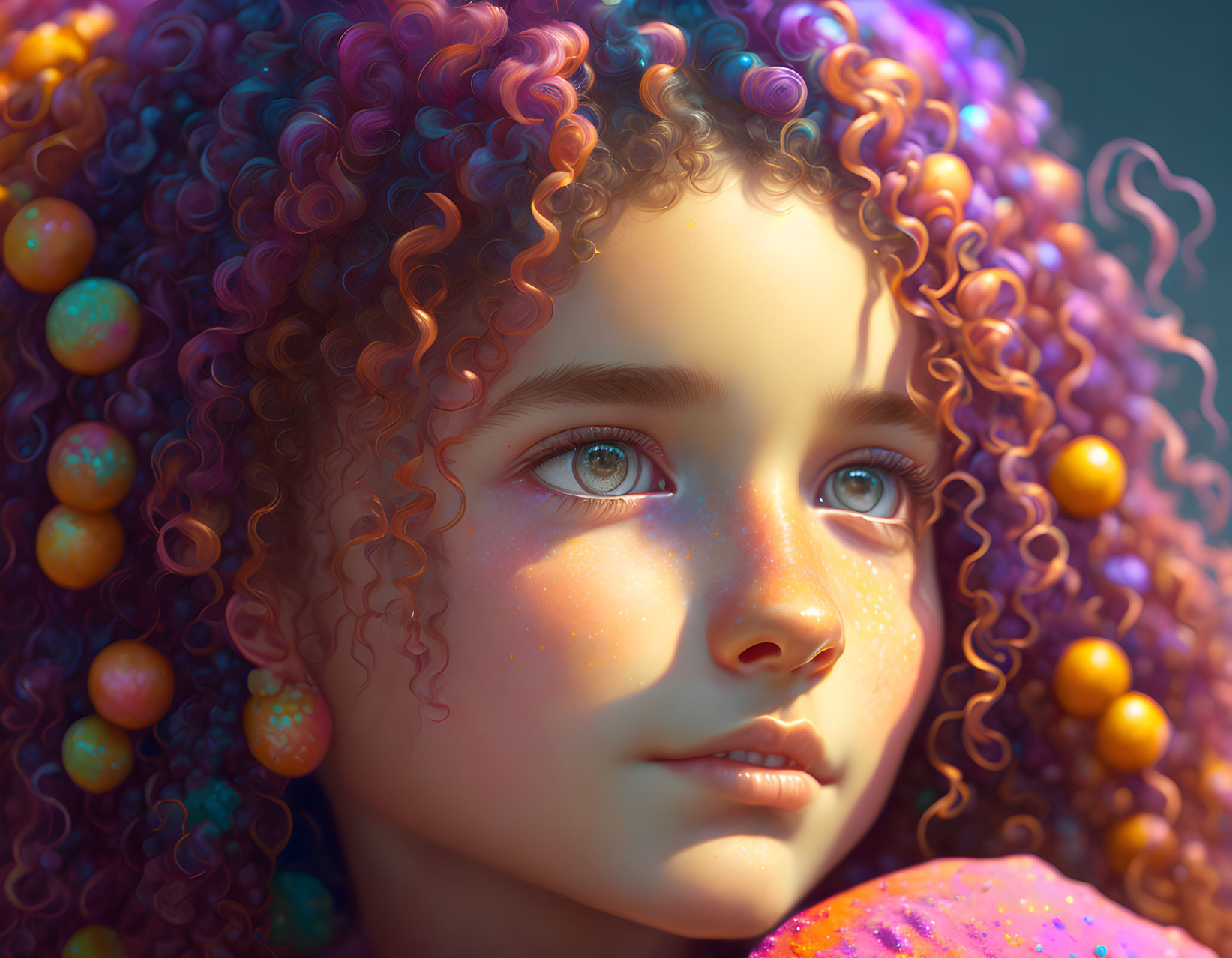 Vibrant digital art portrait of young girl with purple and orange curly hair