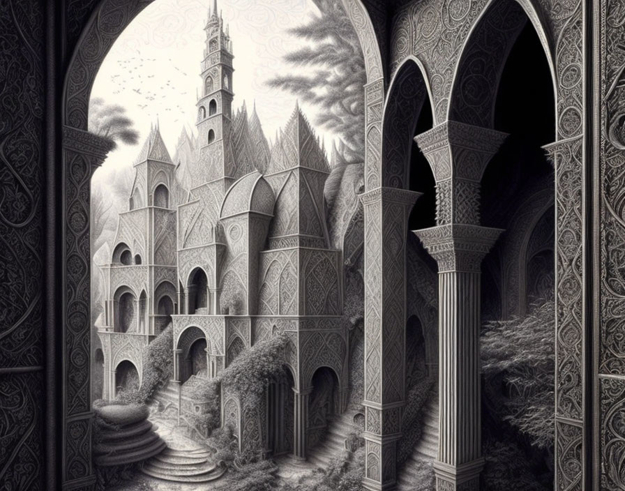 Detailed Monochrome Artwork of Fantastical Castle and Elaborate Arches