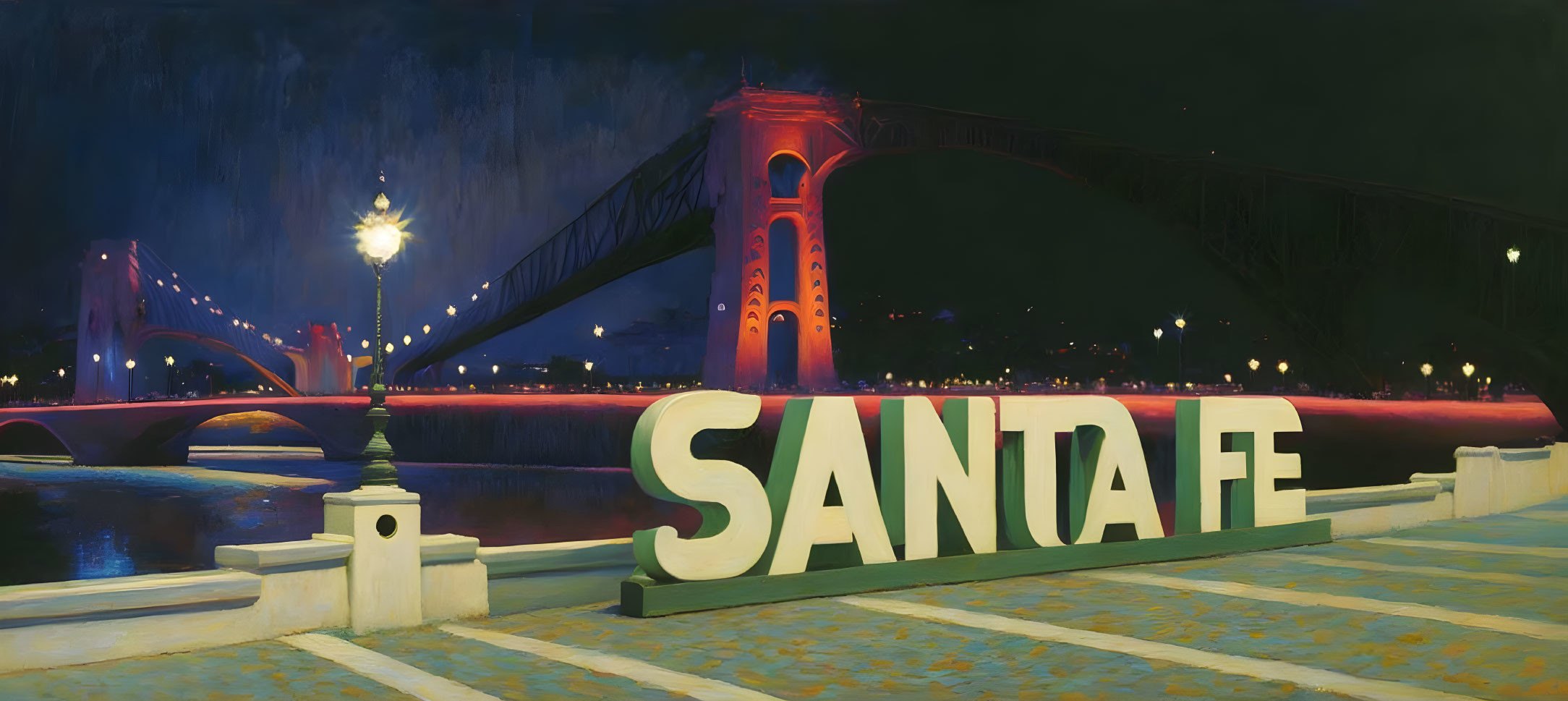 Vintage-style Santa Fe travel poster with large stylized letters and illuminated bridge at night