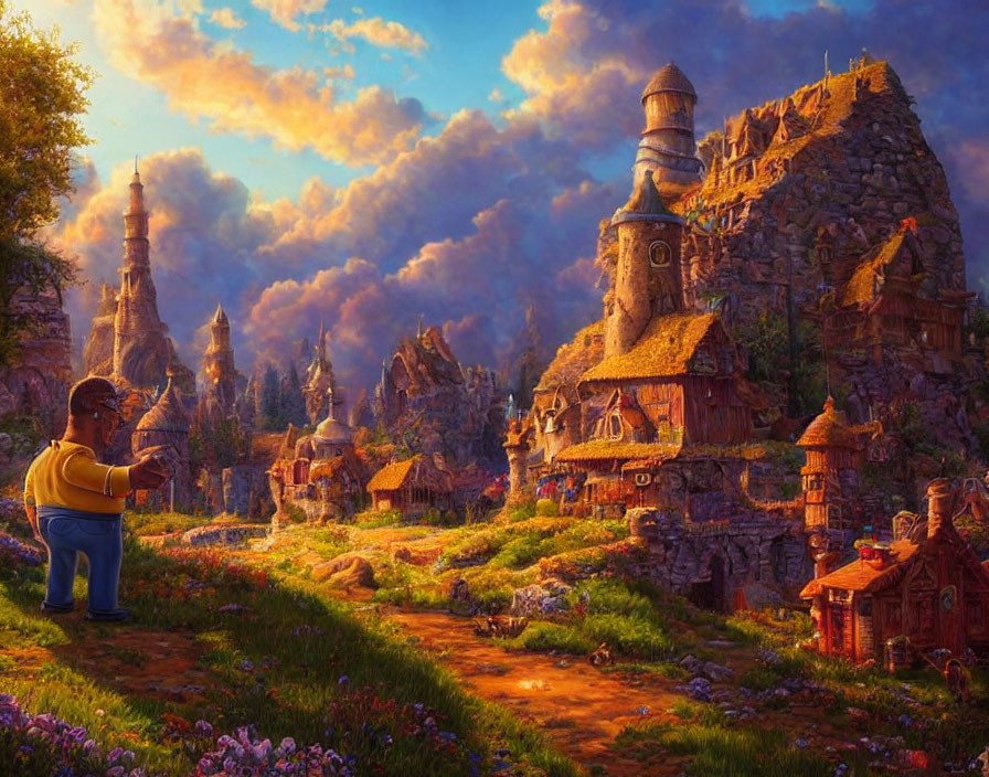 Whimsical fantasy village with lute player under vibrant sunset