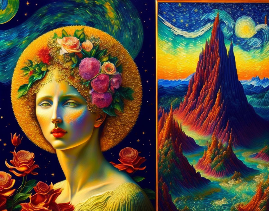 Split-image: Woman with floral halo & mountain landscape under starry sky