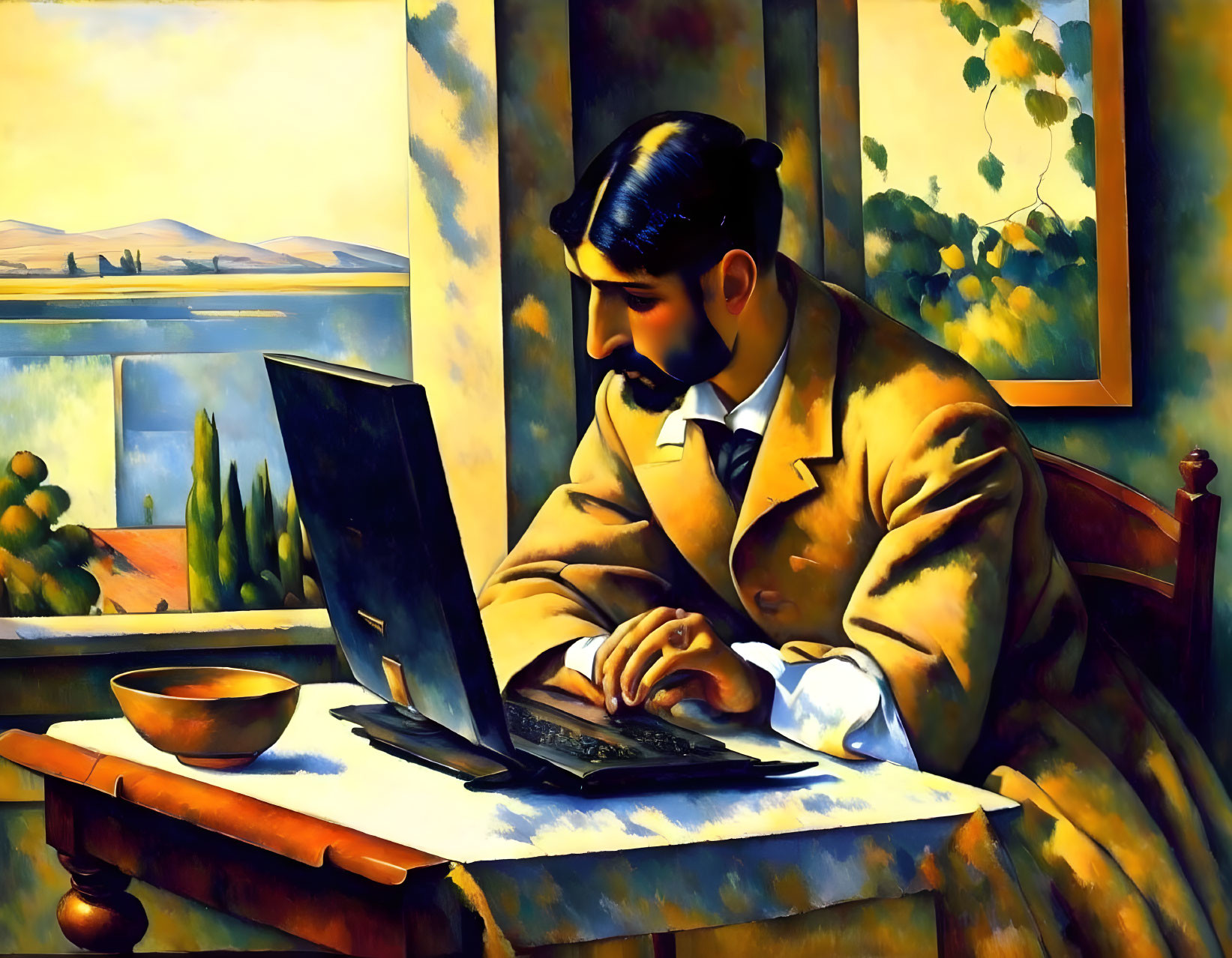 Stylized painting of bearded man at desk with laptop, window view, bowl