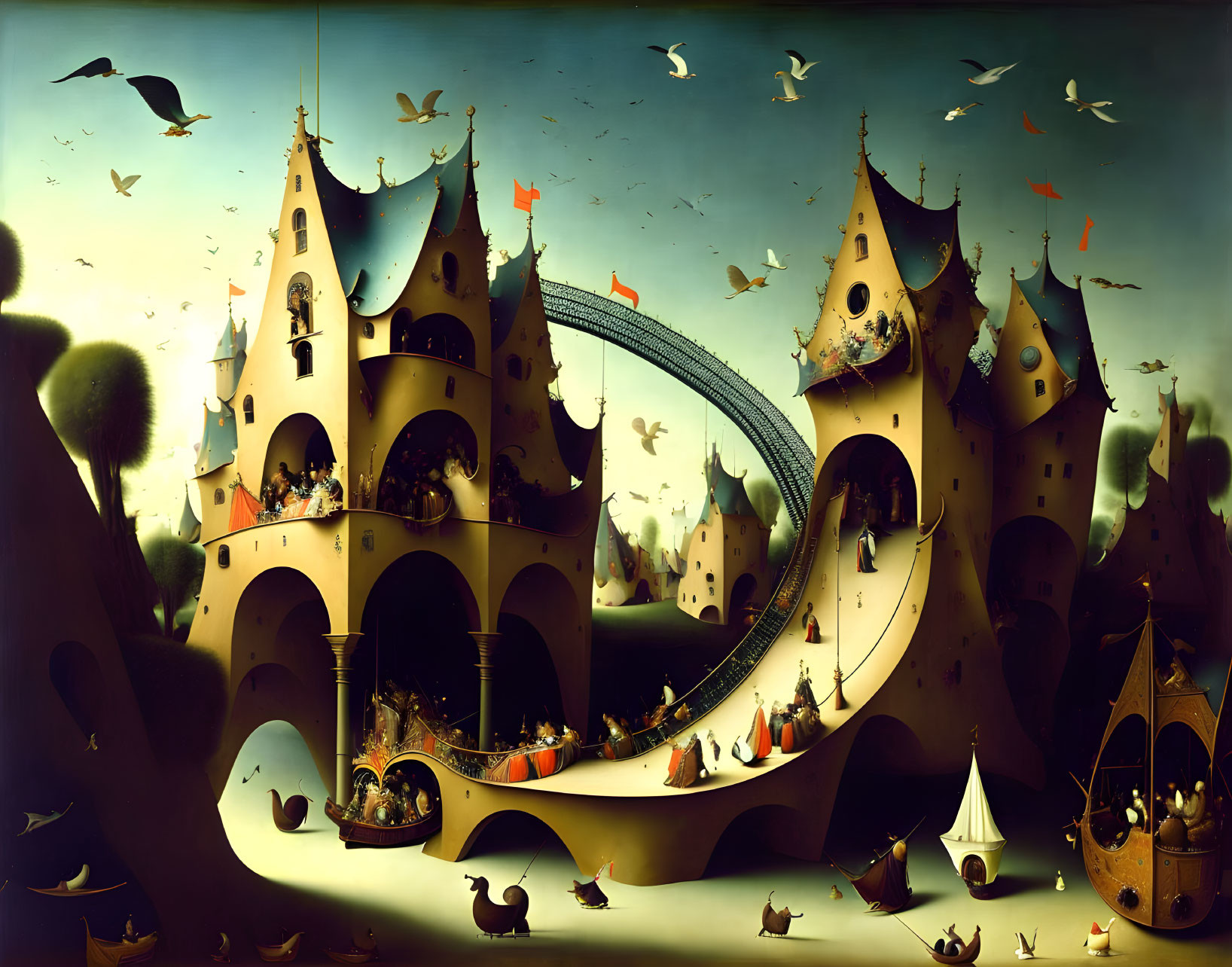 Whimsical surreal landscape with archways, towers, bridge, birds, and human figures