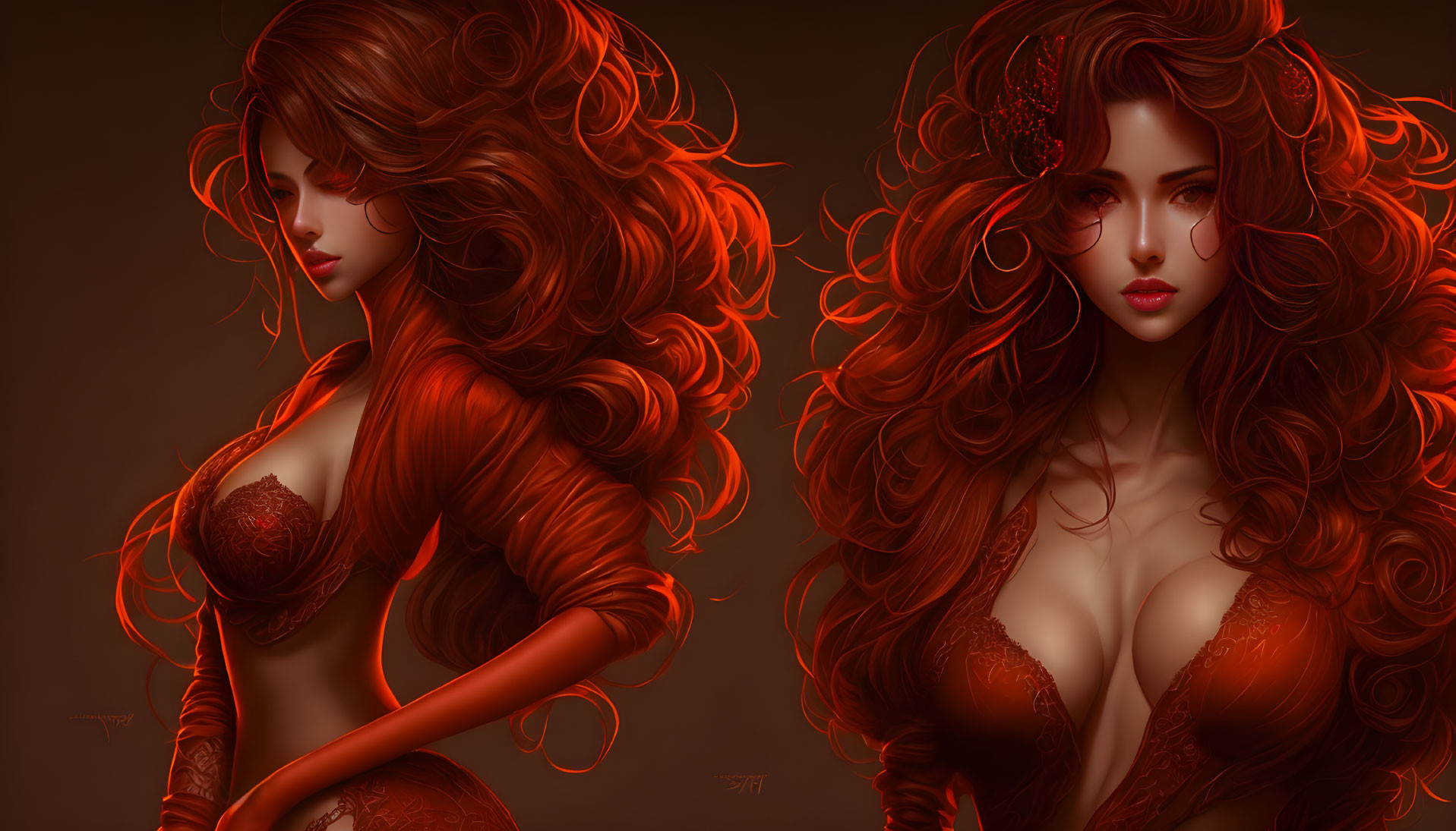 Stylized illustrations of a woman with red hair and garments in a fantasy theme