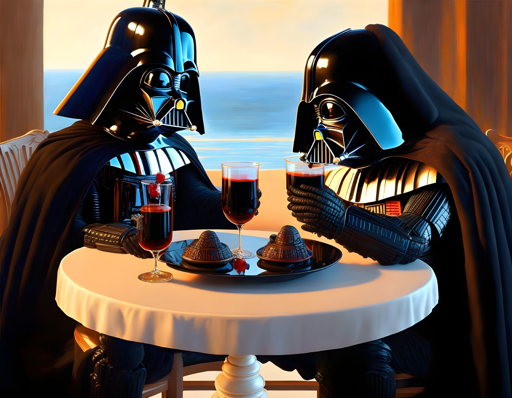 Iconic Darth Vader characters enjoy wine and dessert at sunset table