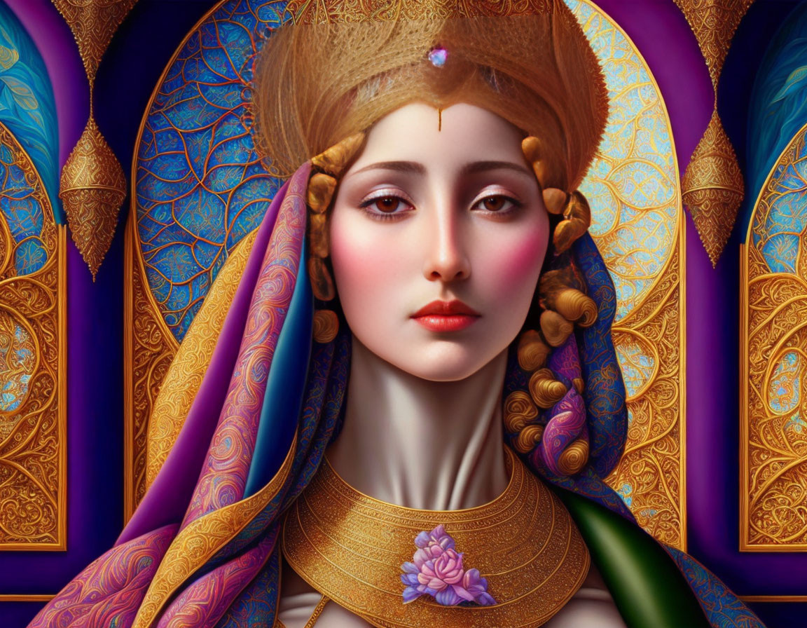 Detailed gold headdress woman in serene expression against stained-glass backdrop