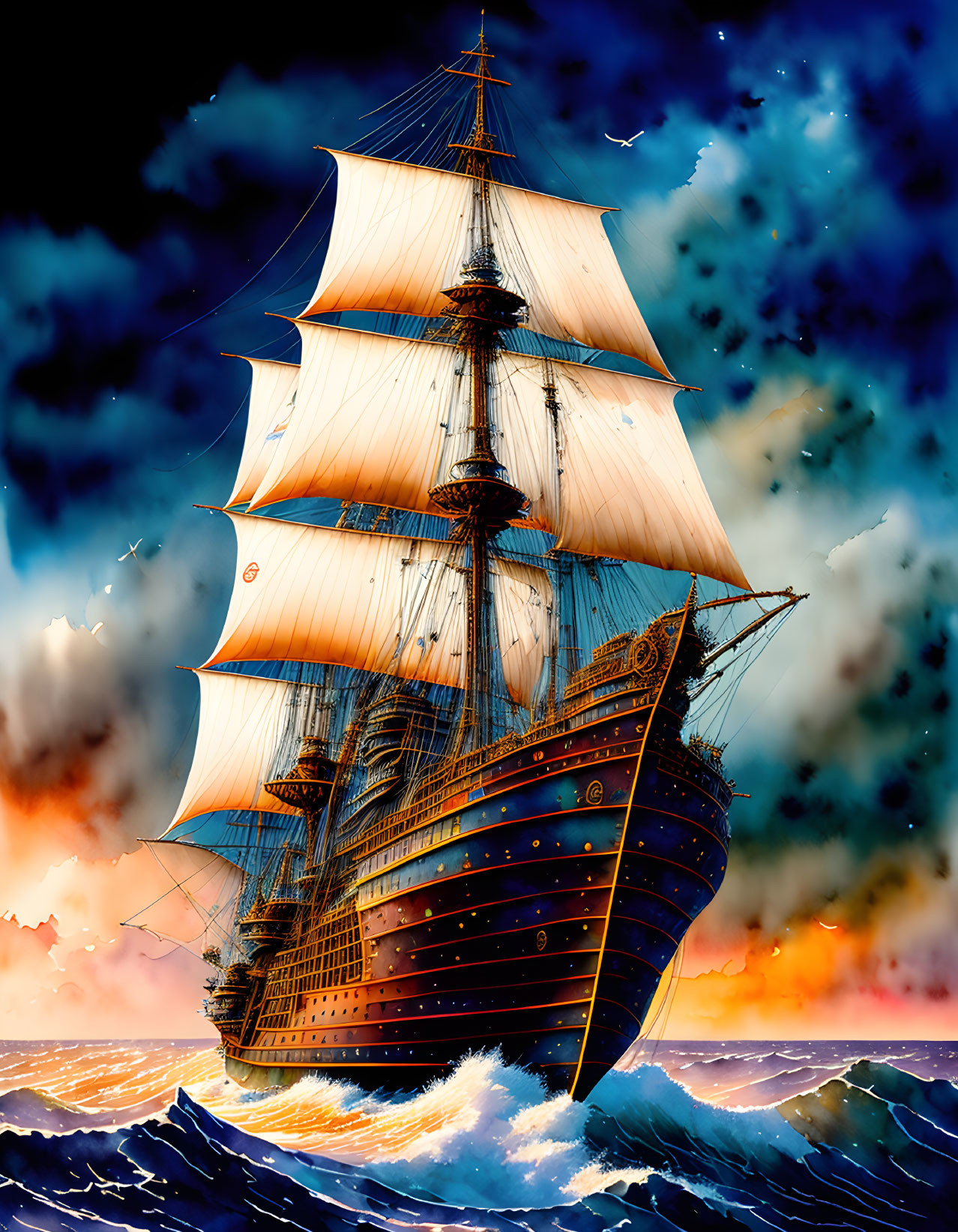 Sailing ship with billowing sails in tempestuous ocean waves