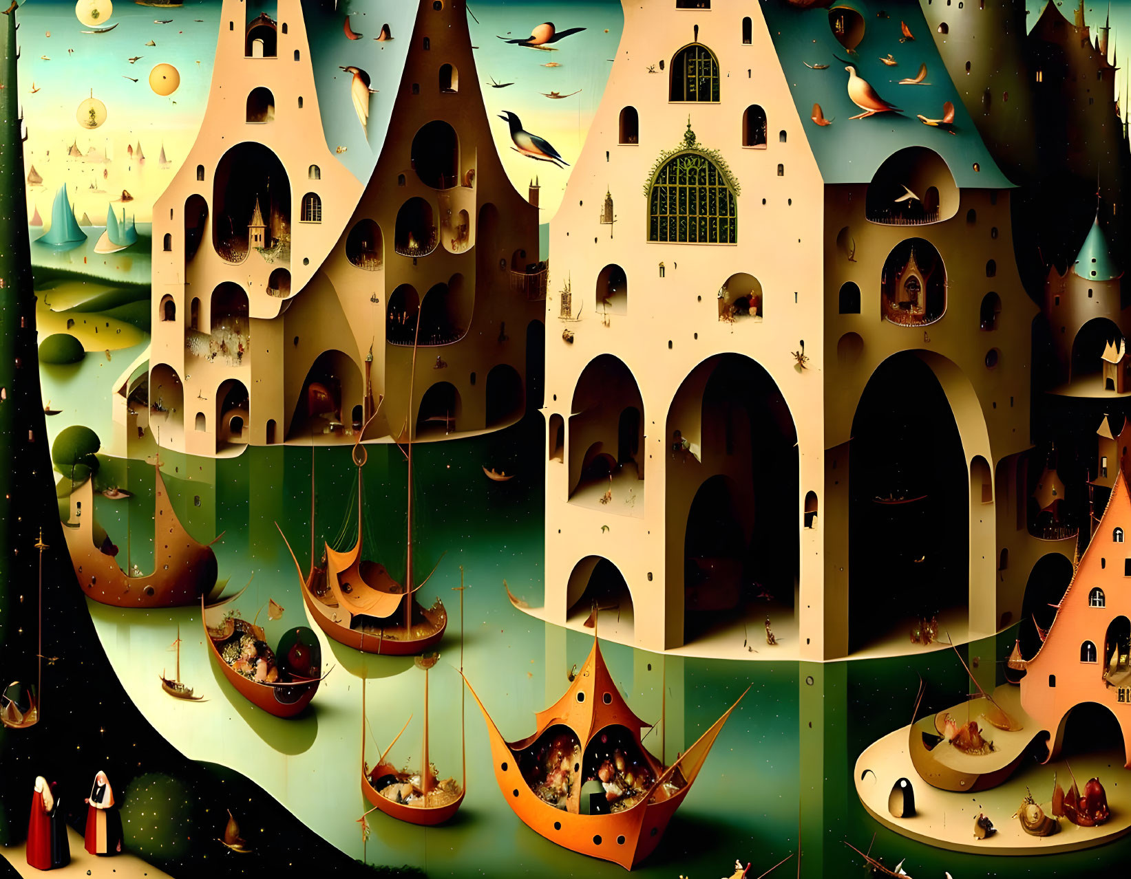 Whimsical buildings and musical instrument boats in serene landscape