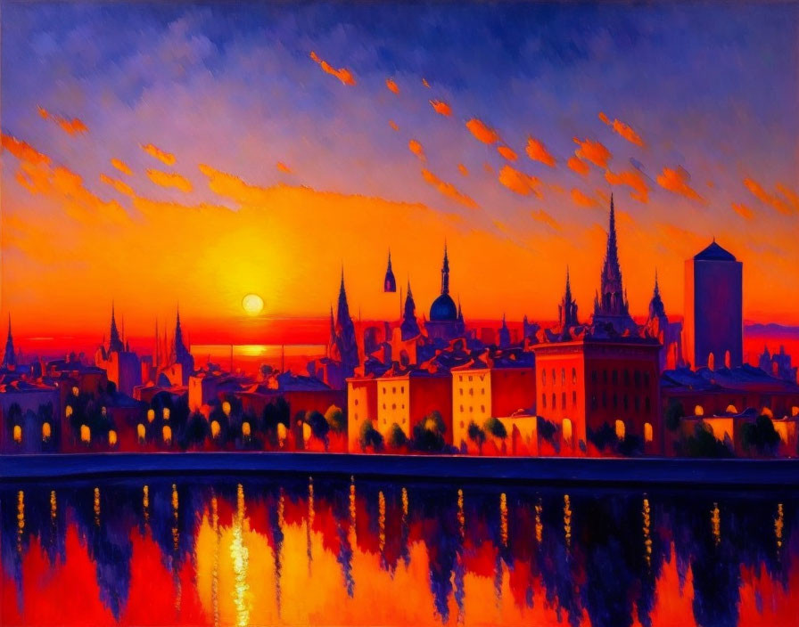 City skyline sunset painting with silhouetted buildings and water reflection