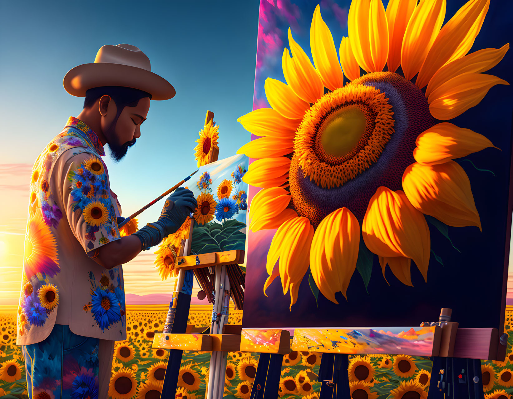 Artist painting vibrant sunflower in field at sunset