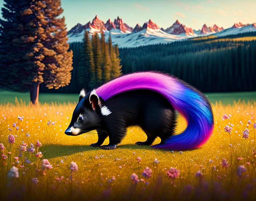 Colorful Skunk with Purple and Blue Tail in Vibrant Meadow