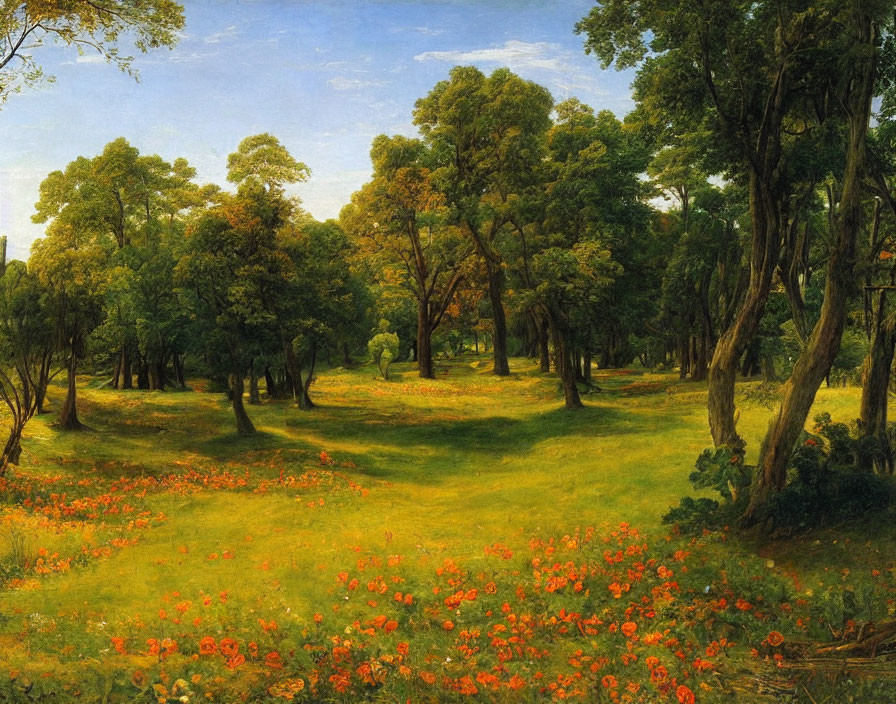 Serene landscape painting: lush forest, tall trees, green grass, orange flowers, clear sky