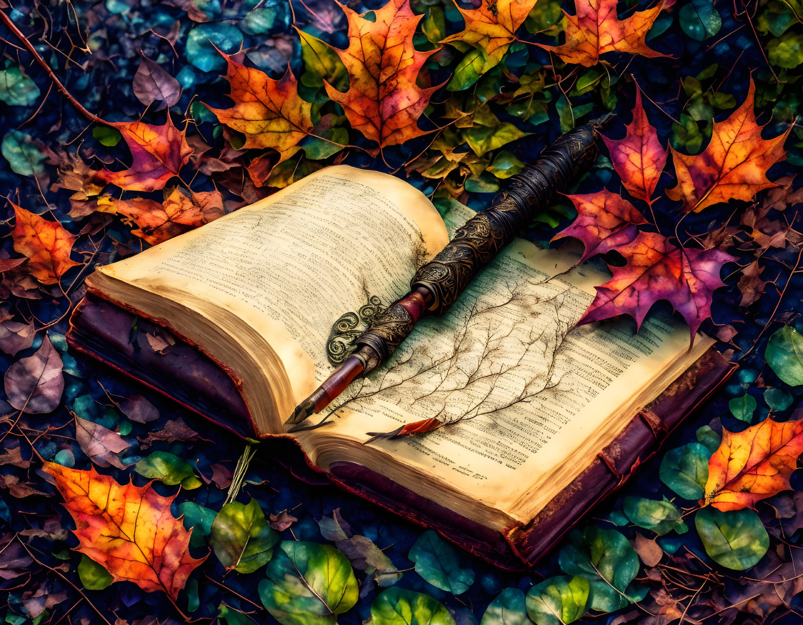 Open book with quill on pages amid autumn leaves