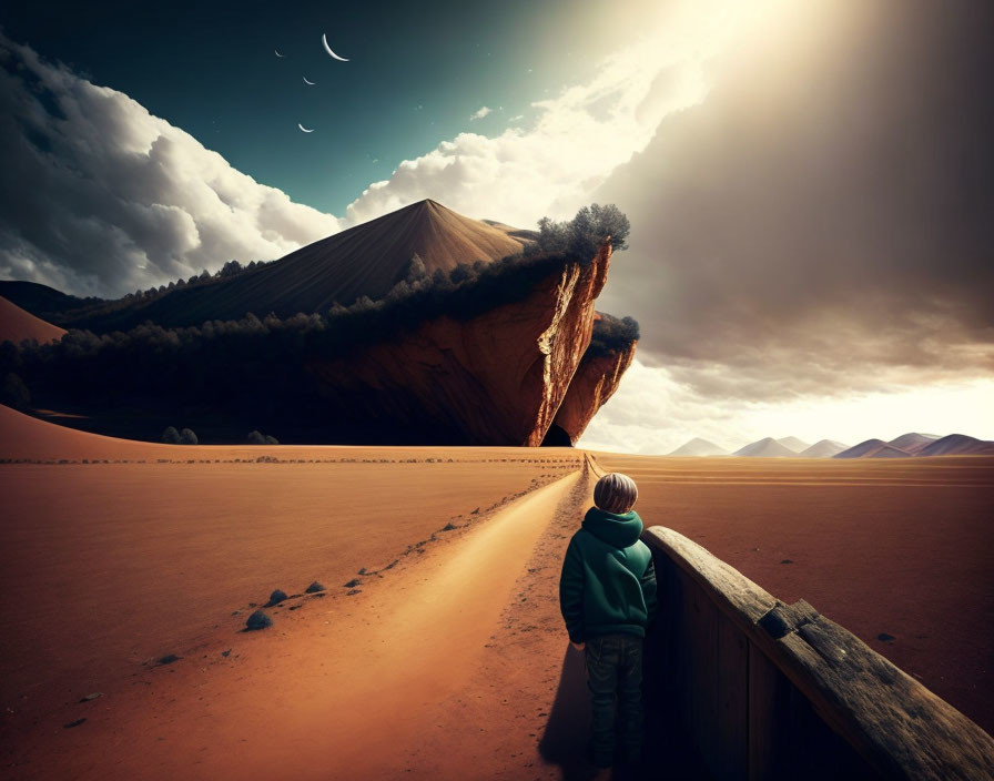 Child in surreal landscape with giant book mountain and multiple moons