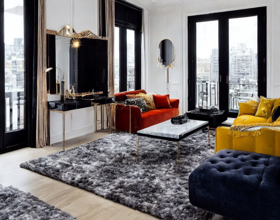 Elegant Living Room with Grey Rug, Red and Yellow Sofas, Black Coffee Table & Gold Acc