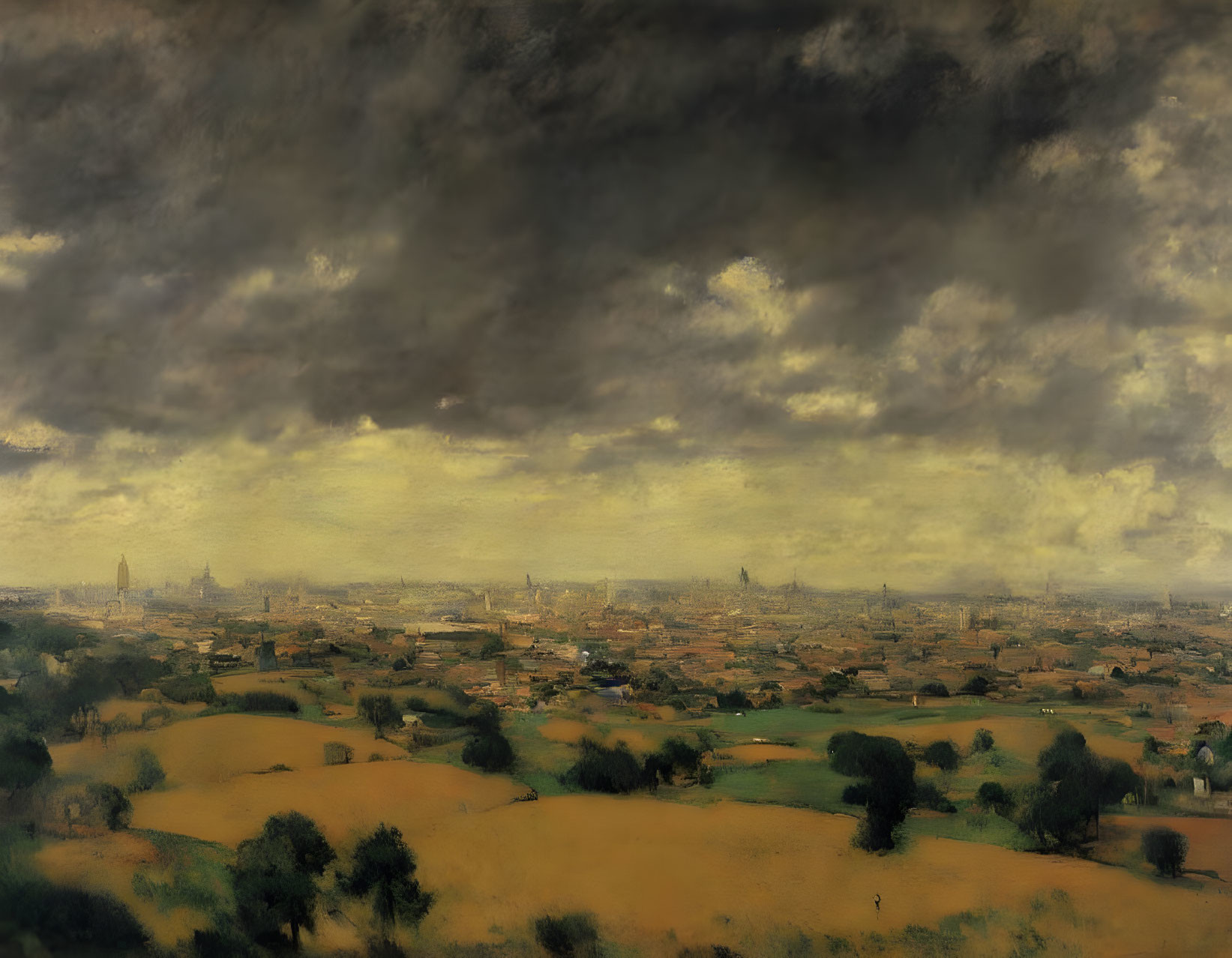 Expansive landscape painting with cityscape under dramatic sky