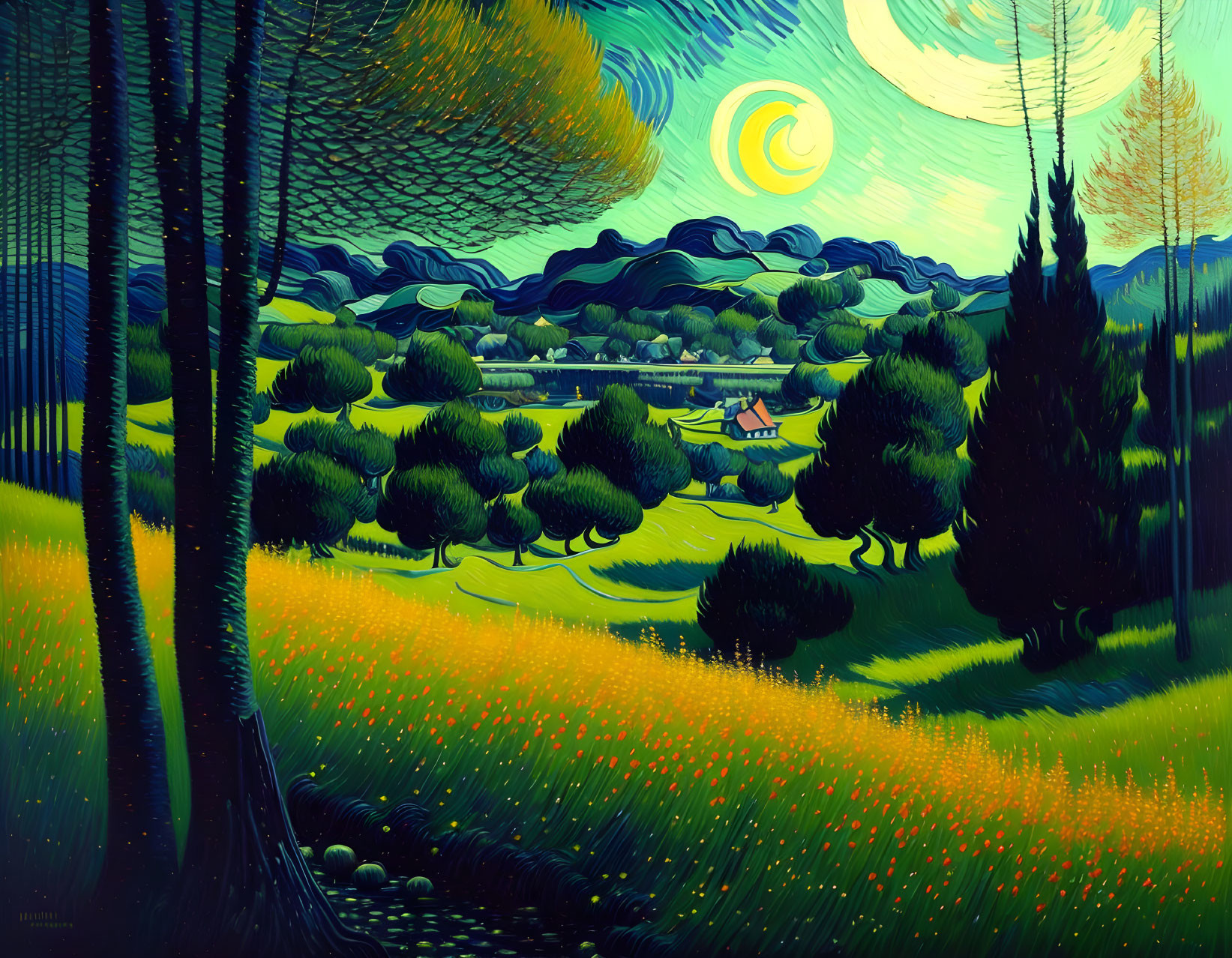 Vivid green hills, swirling sky, yellow flowers: Lush landscape painting