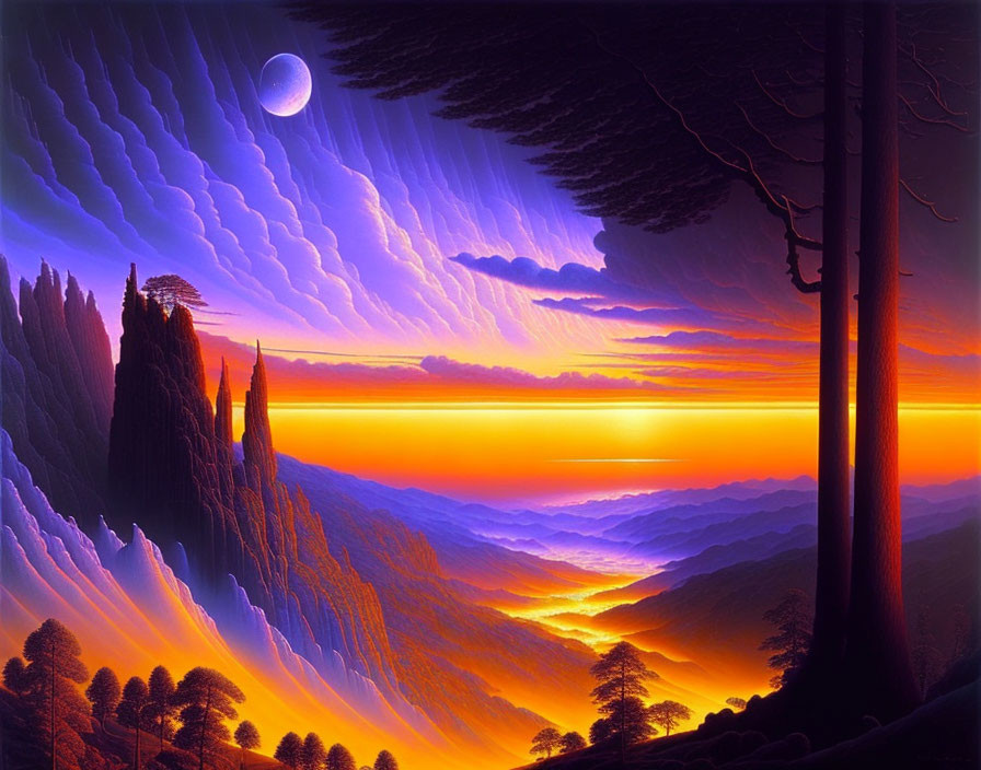 Surreal sunset over layered mountains with glowing sky