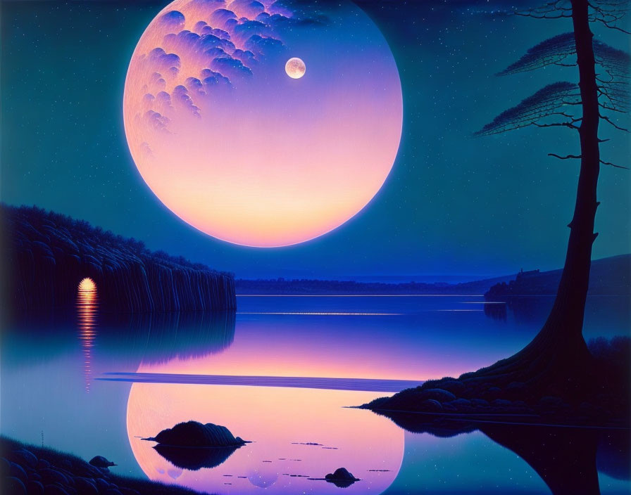 Surreal landscape with oversized moon, lake, trees & gradient sky