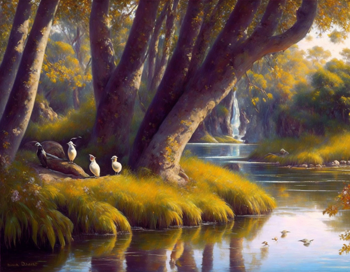 Serene forest landscape with river, trees, greenery, and ducks