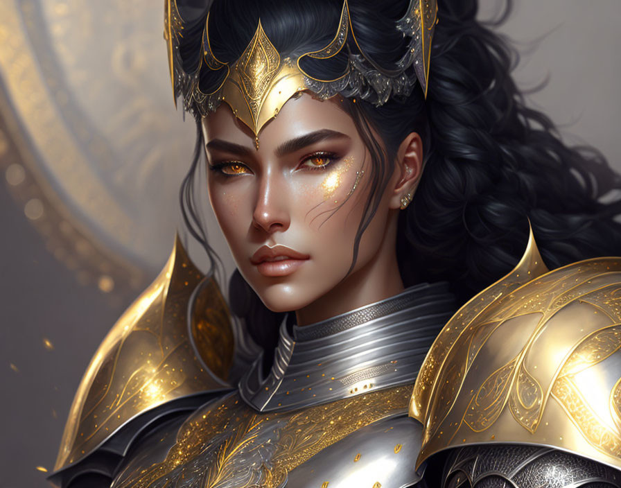 Detailed illustration of woman in golden armor with intricate headpiece, black hair, and facial markings