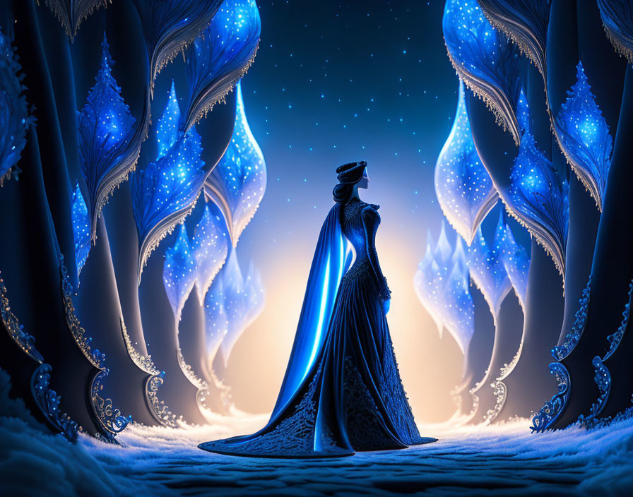 Figure in Elegant Cloak Among Glowing Fantasy Trees