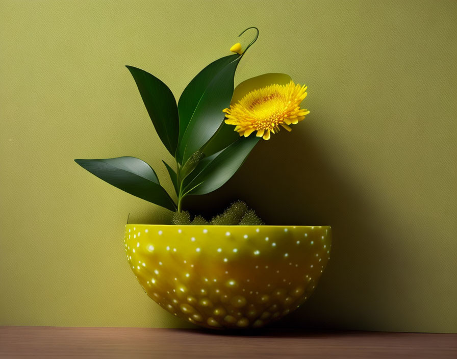 Yellow ceramic bowl with textured surface, green leaves, yellow flower on wooden surface against yellow wall