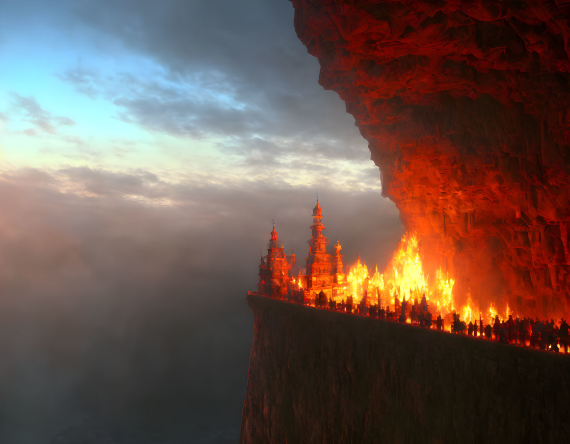 Cliffside castle lit by lava with mist at twilight