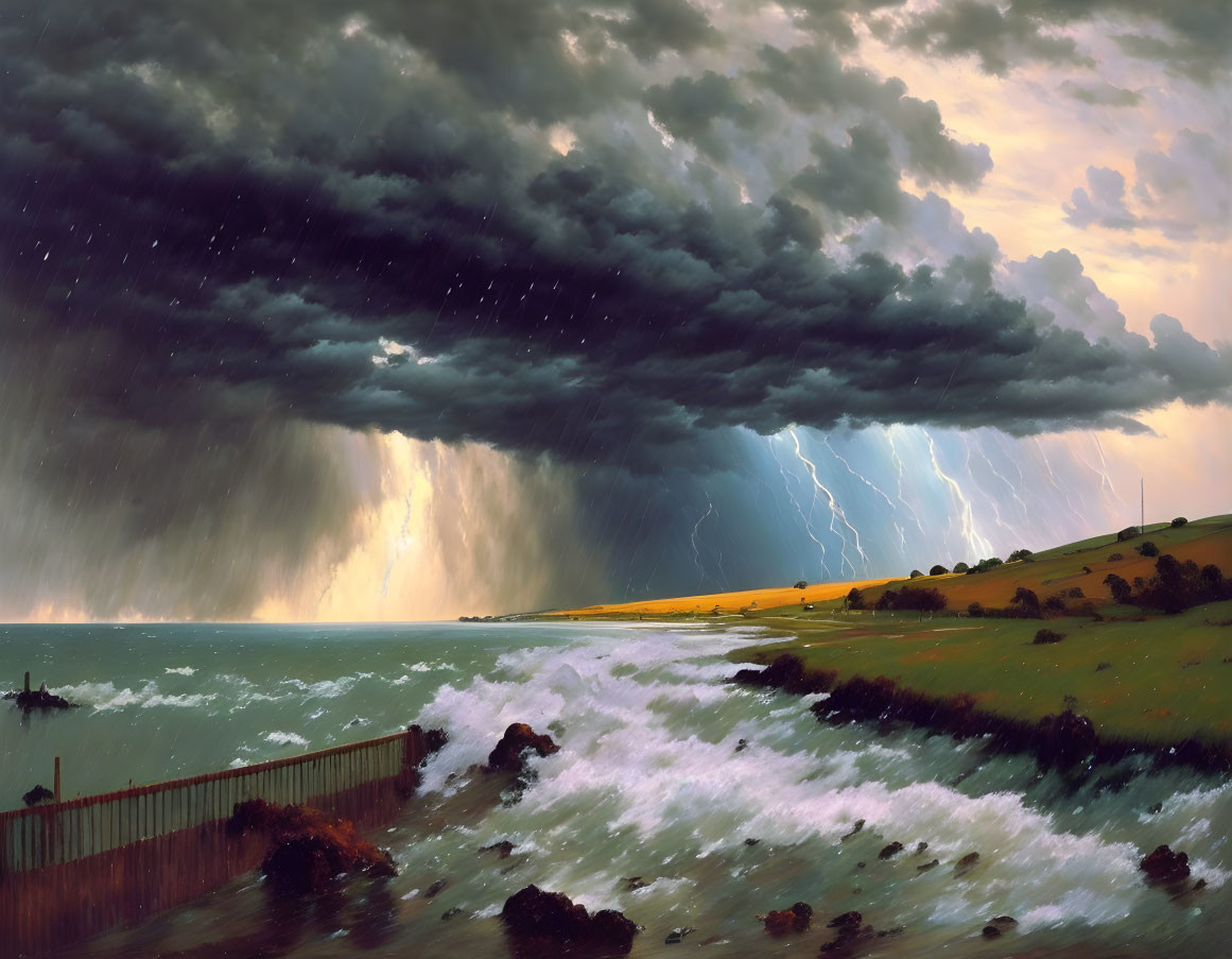 Stormy Seascape with Lightning, Fence, and Golden Sky