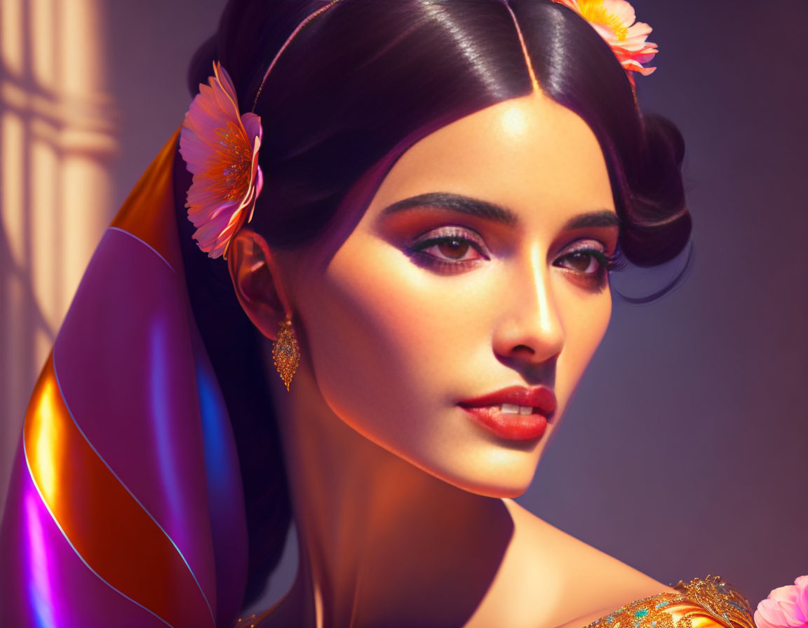 Detailed digital portrait of woman with sleek hair, adorned with flowers and golden jewelry against vibrant background.