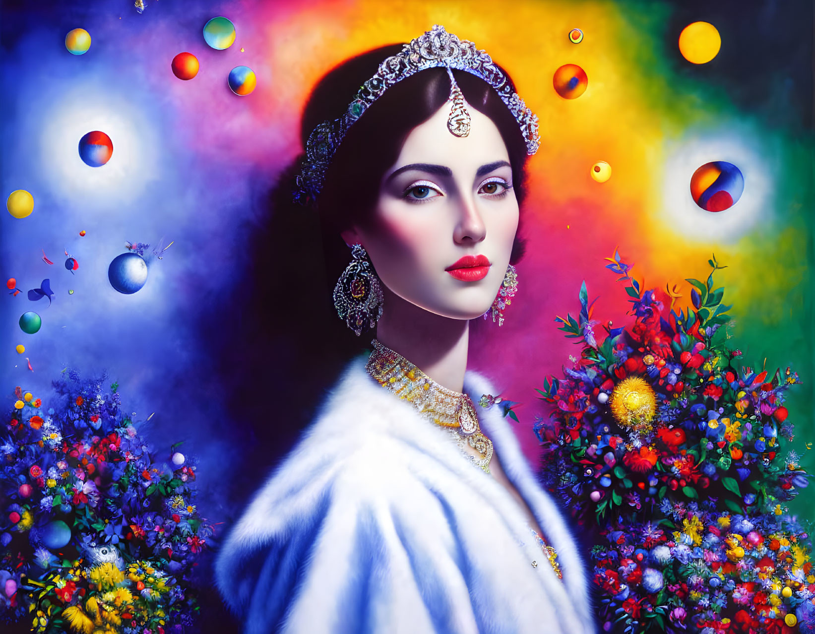 Elegant woman with jewelry and fur shawl in colorful setting