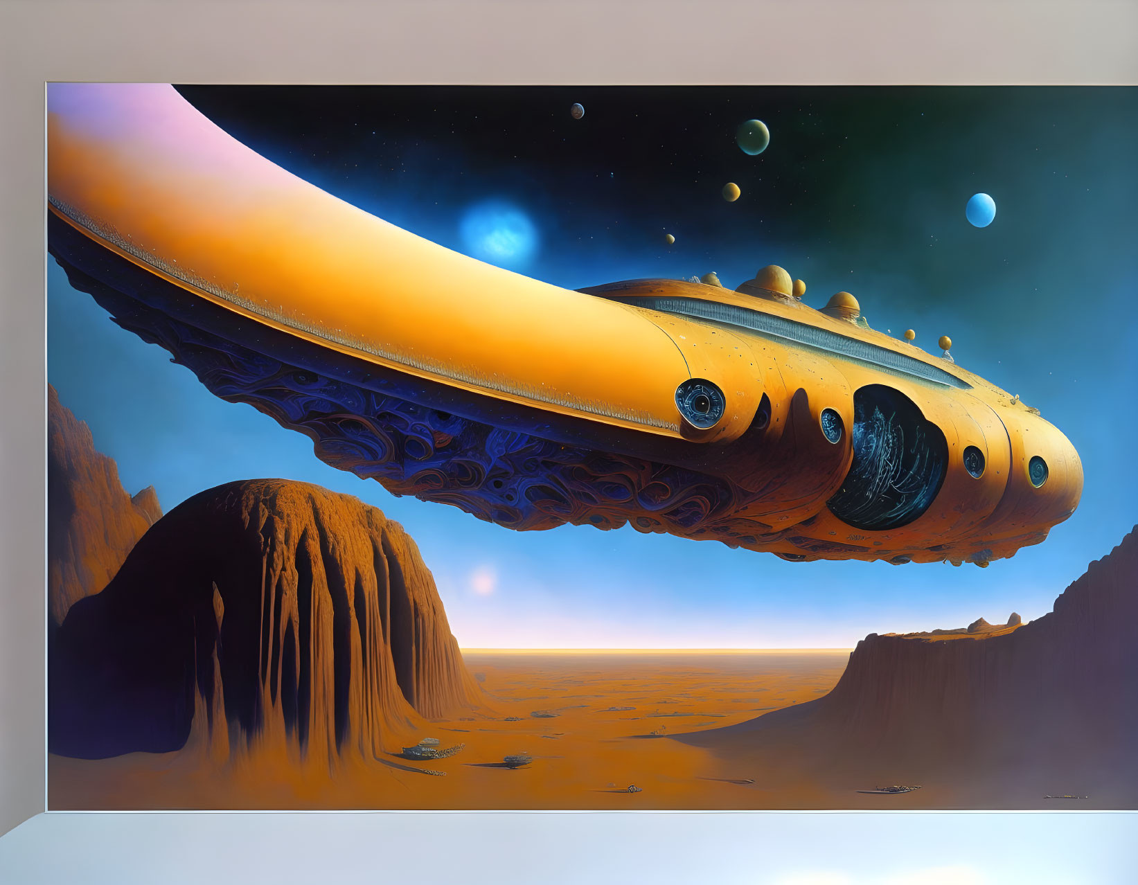 Elaborate futuristic spaceship over orange desert landscape