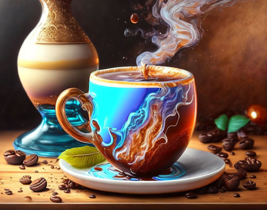 Vibrant Blue and Orange Coffee Scene with Beans and Cream-filled Jug