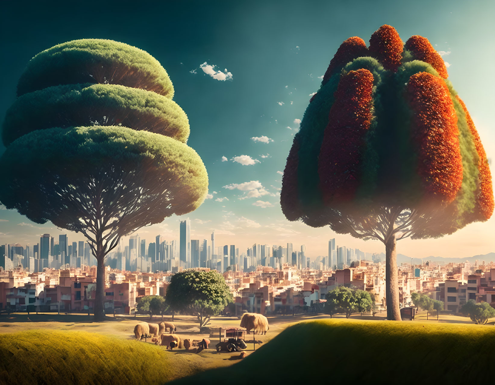 Surreal landscape with oversized trees, grazing sheep, and distant cityscape