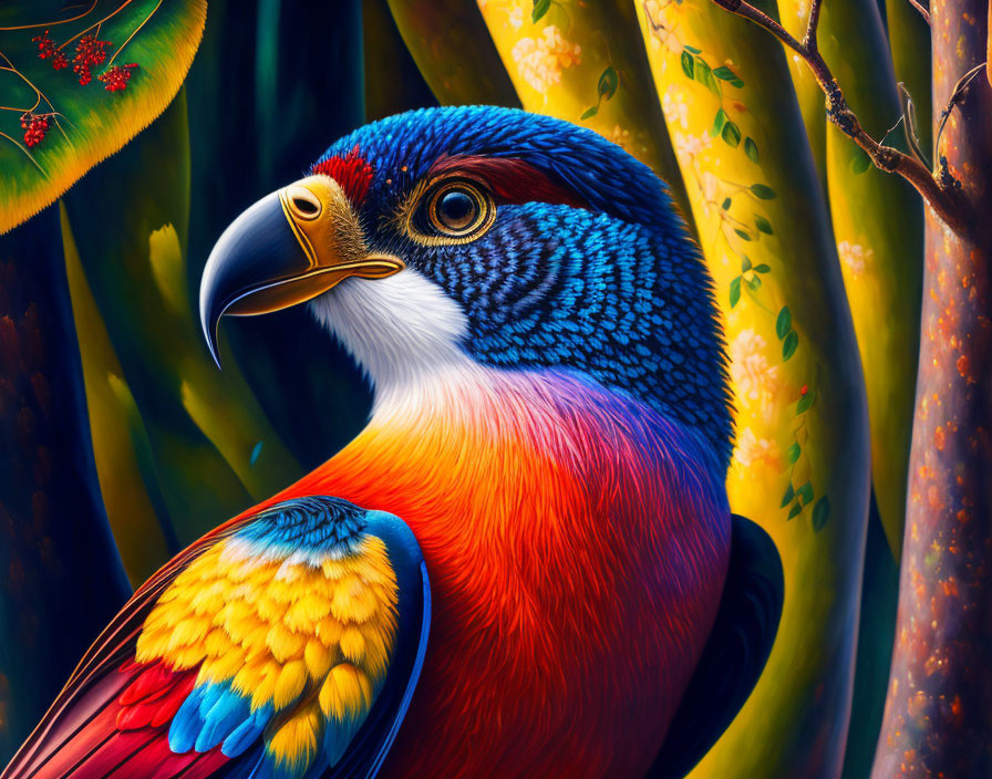 Colorful bird with blue head and orange chest perched near tree with red berries