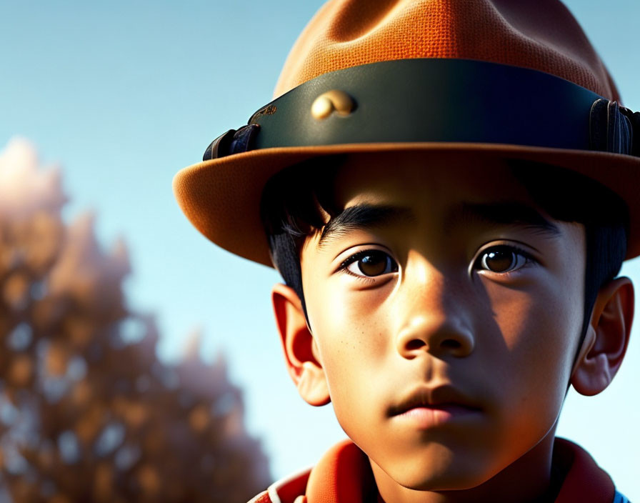 Young animated boy with dark hair in brown hat against dusk sky and trees.