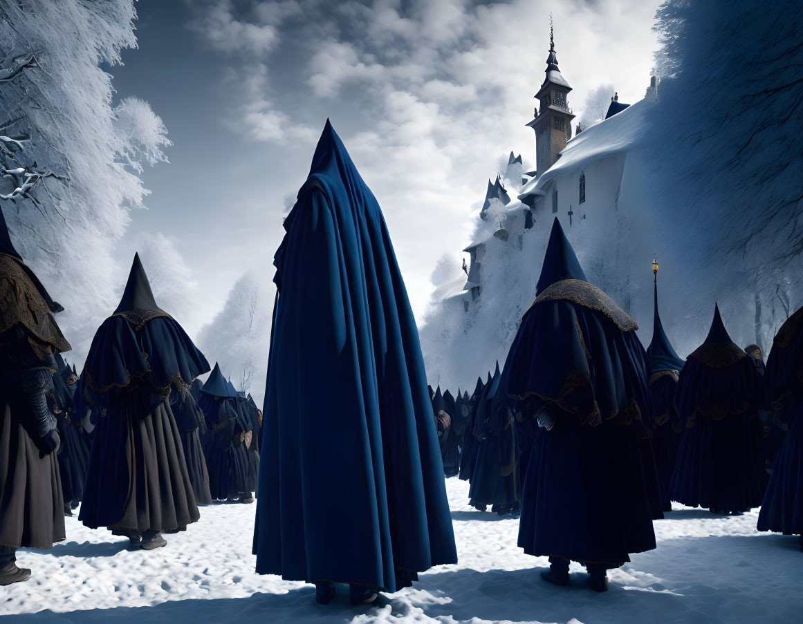 Robed Figures in Snowy Landscape with Castle and Brooding Sky