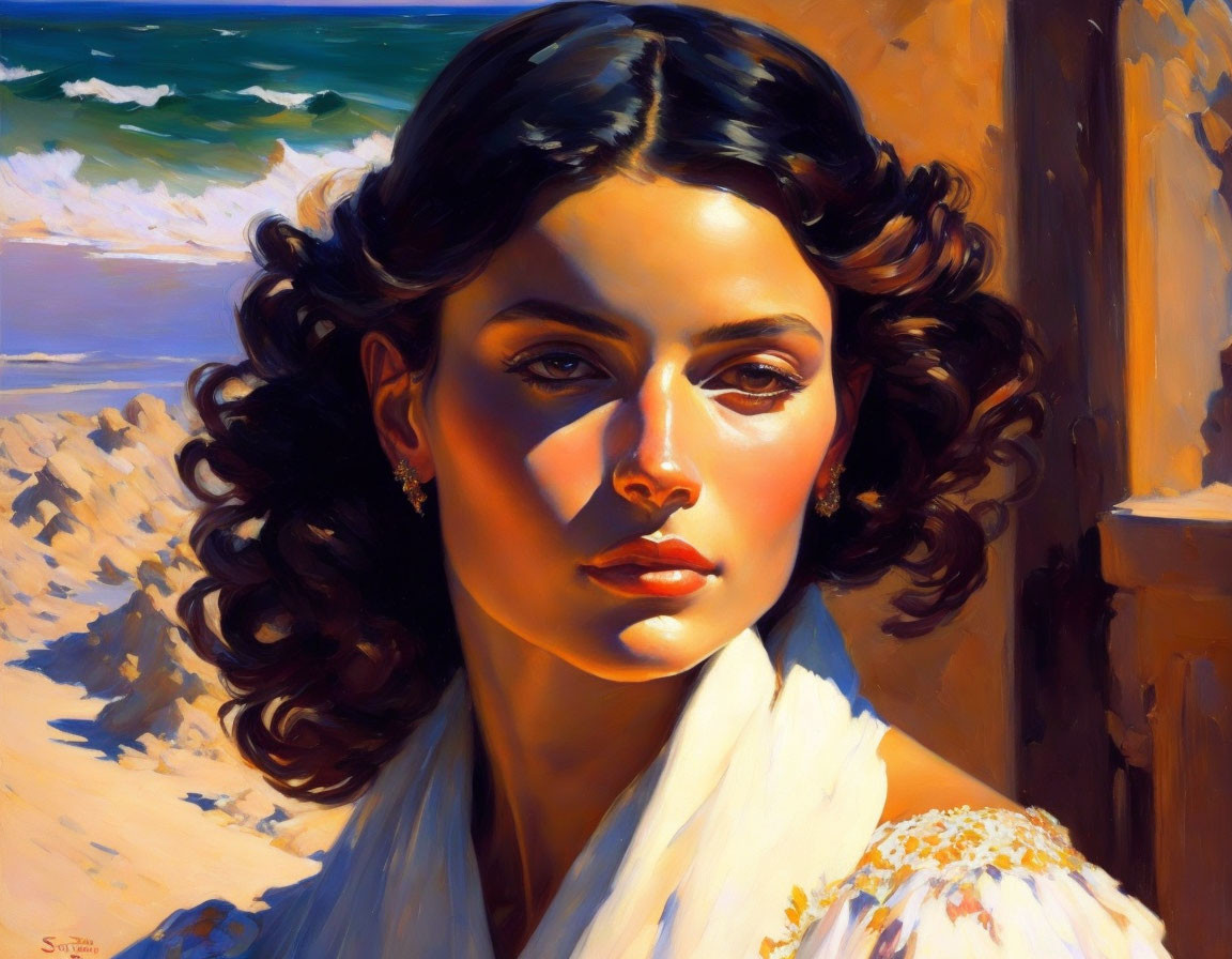 Dark Curly-Haired Woman in White Outfit on Sunny Beach