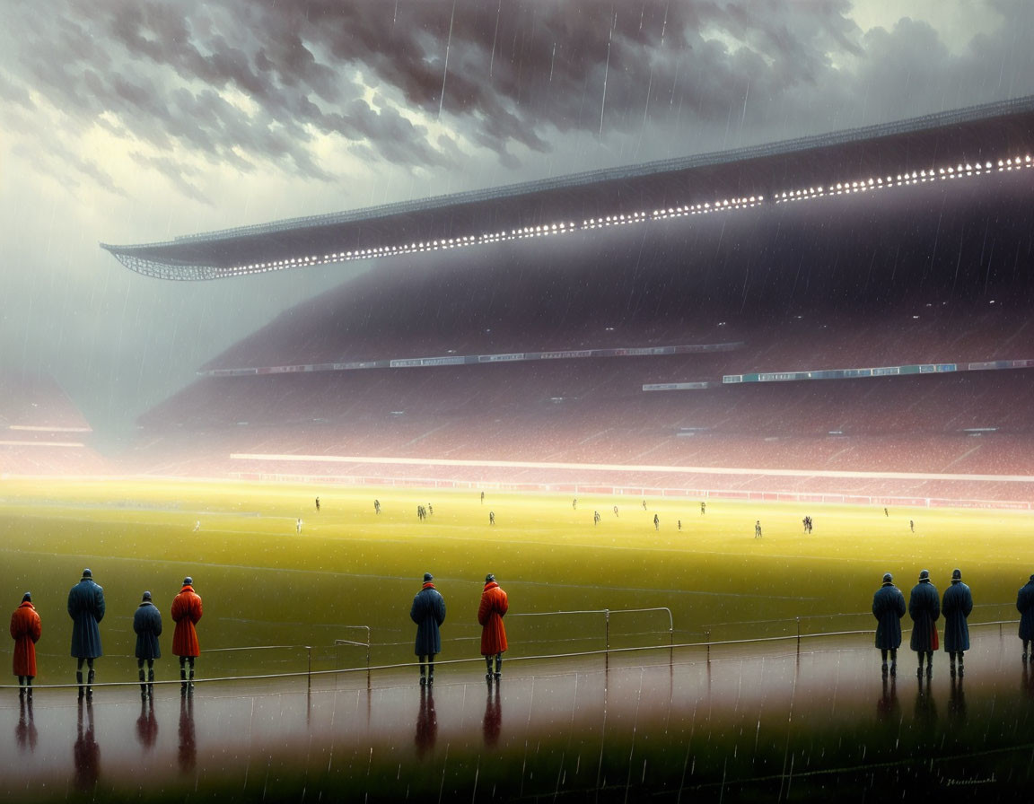 Individuals watching football match in rain at stadium with misty ambiance