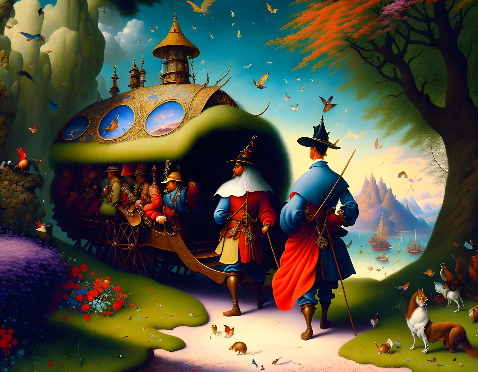 Colorful Fantasy Scene with Turtle-Shaped Carriage & Whimsical Characters