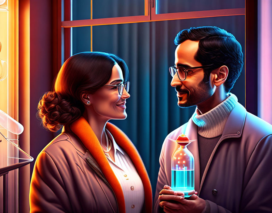 Illustration of smiling man and woman with lantern in evening setting