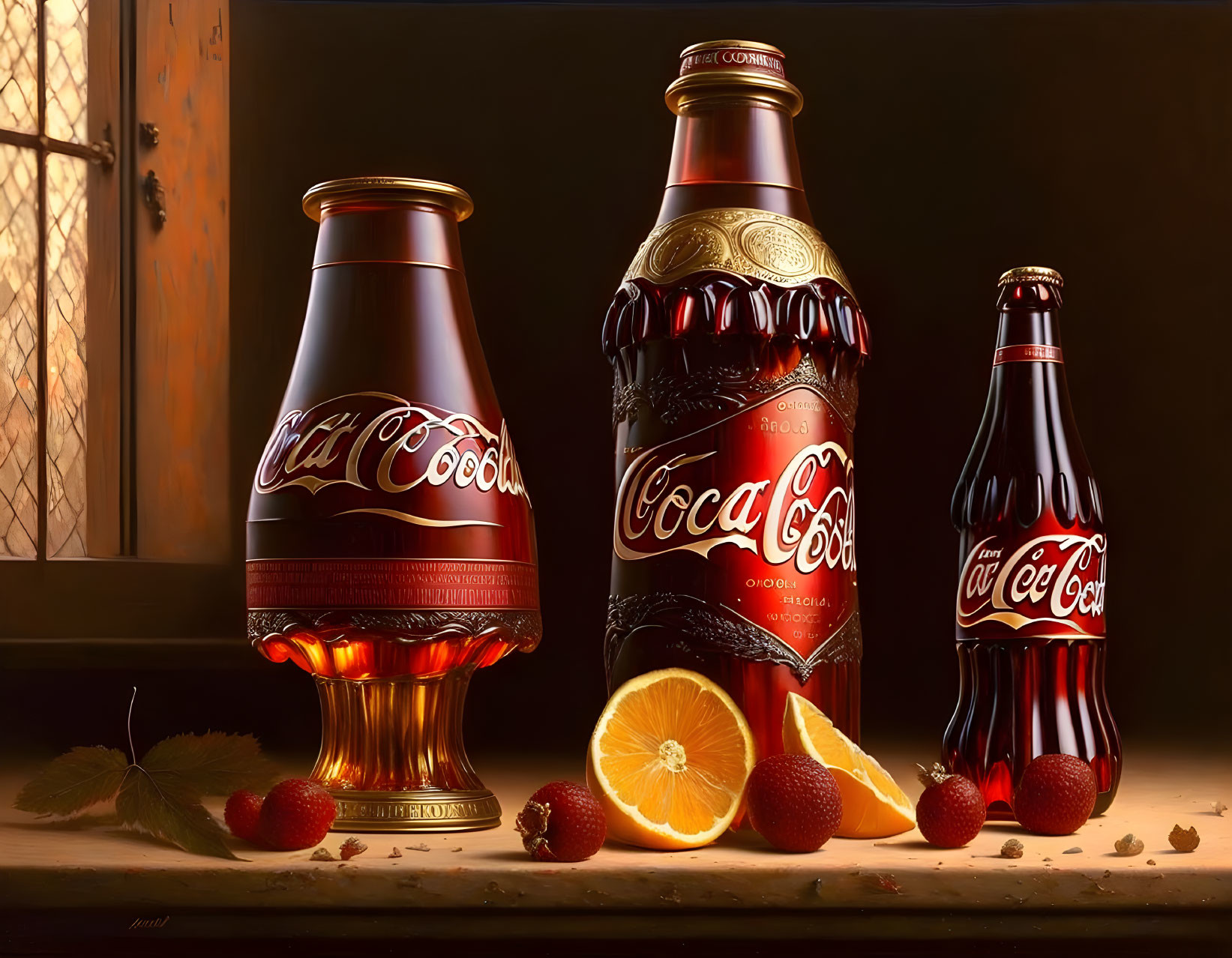 Variety of Coca-Cola Bottles with Citrus and Berries under Warm Lighting