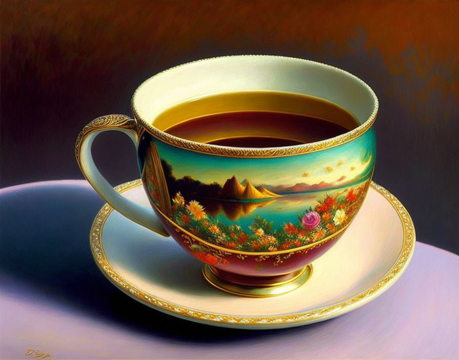 Teacup with landscape painting on side against dimly-lit background