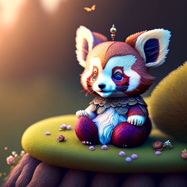 Stylized red panda on mushroom with flowers and butterfly